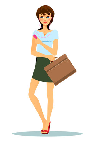Modern young fashionable woman wearing short green skirt  blue T-shirt and high-heels red shoes  while holding a suitcase and listening to a portable music playerのイラスト素材