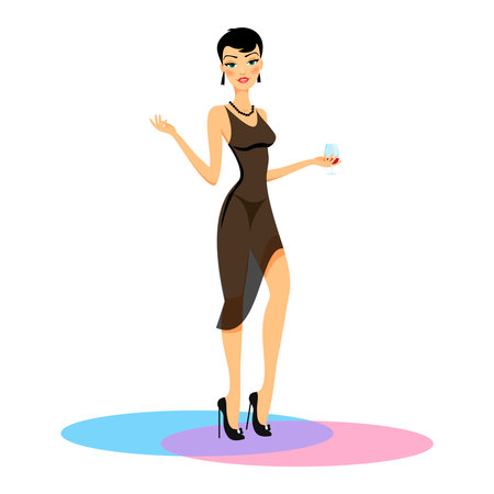 Elegant shapely young beauty in a stylish black evening dress with a glass of wine in her hand  vector illustrationのイラスト素材