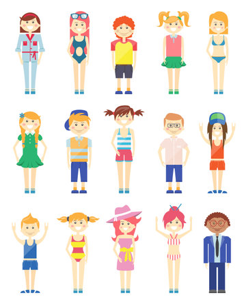 Various Smiling Boys and Girls Graphics with Various Features and Styles of Dressのイラスト素材