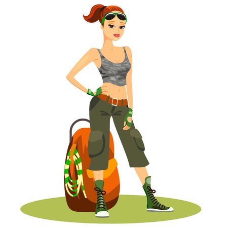 Beautiful young female backpacker in typical trendy touristy clothes with her sunglasses on her head standing in a confident pose with her hands on her hip alongside her backpack  vector clipartのイラスト素材