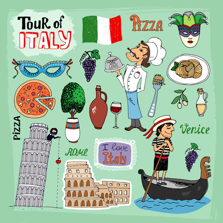 Tour of Italy illustration with landmarks including the leaning Tower of Pisa  Venice gondola  Colosseum  a gondolier  chef and food icons of a pizza and pasta  wine olives and the Italian flagのイラスト素材