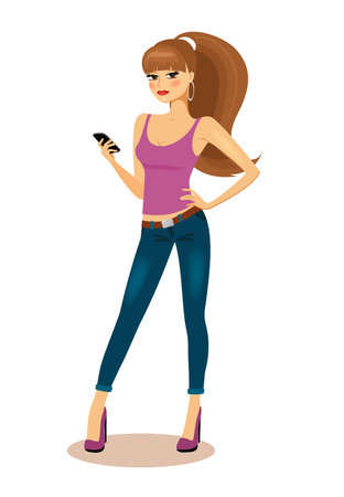Beautiful trendy sexy young girl with her brown hair in a ponytail holding a mobile phone in her hand looking at the camera with her hand on her hip  vector illustration on whiteのイラスト素材