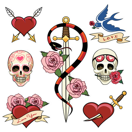 Various Heart  Skull and Dagger Tattoo Graphicsのイラスト素材