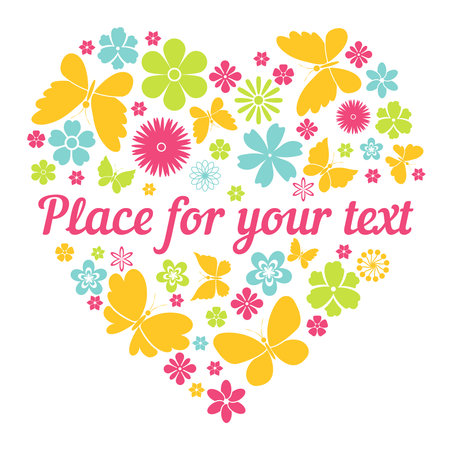 vector floral heart emblem with flowers and butterflies and with place for textのイラスト素材