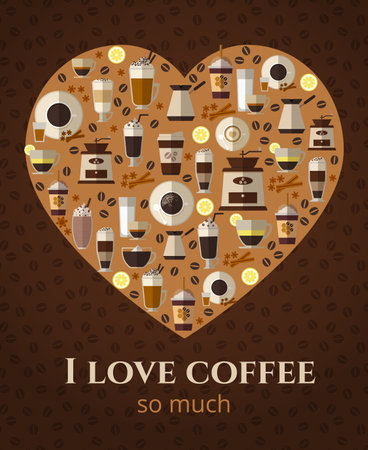 I love coffee sign in shape of heart. Americano and cappuccino, espresso beverage, hot mug, vector illustrationのイラスト素材