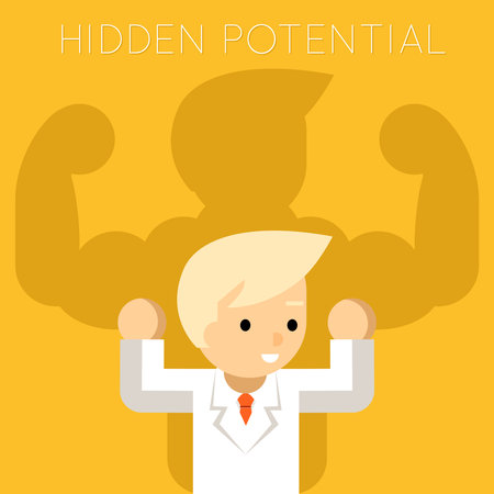 Hidden potential concept. Businessman with strongman shadow. Manager and leadership, power and success, winner professional successful. Vector illustrationのイラスト素材