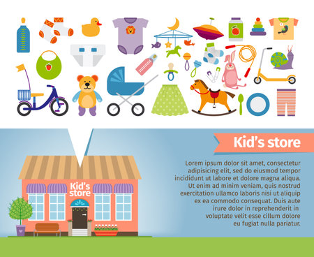 Kids shop. Childrens clothing and toys. Retail and snail, whirligig and socks, rattle and pacifier, stroller and bear. Vector illustrationのイラスト素材