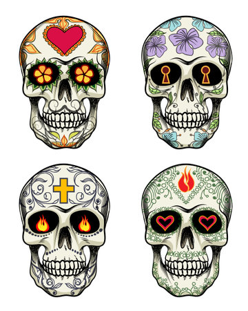Vector Skulls with flowers for Day of the Deadのイラスト素材
