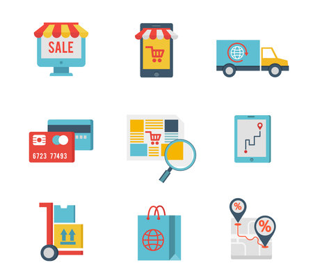 Flat design icons of e-commerce symbols and internet shopping elementsのイラスト素材