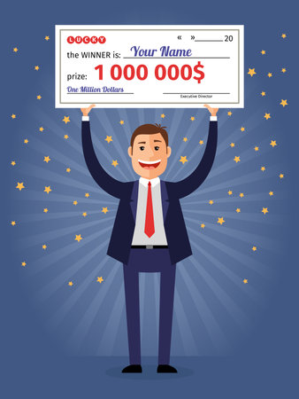 Man holding winning check for one million dollars. Lottery and rich, lucky smile, cheque and money. Vector illustrationのイラスト素材