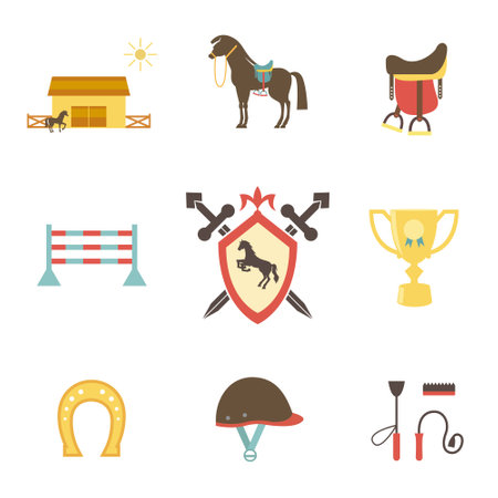 Horse and equestrian icons in flat style with a horse or pony in profile  stables  paddock  riding hat  jump  trophy  horseshoe  whip   crop  brush  saddle and emblem with a shield and crossed swordsのイラスト素材