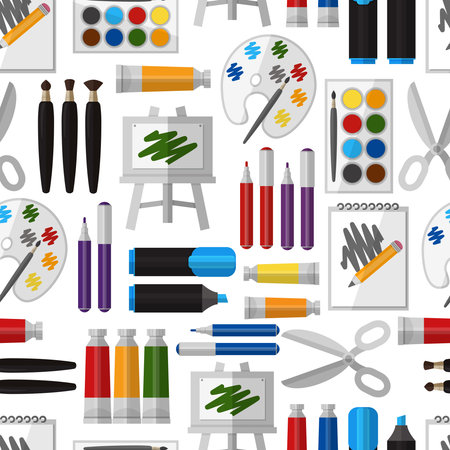 Artistic tool seamless pattern. Paintbrush and tool, design drawing, brush and pallette, craft and colorful gouache, hobby and watercolor, vector illustrationのイラスト素材