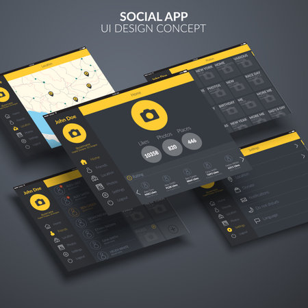 Social page application ui design concept on dark background flat vector illustrationのイラスト素材