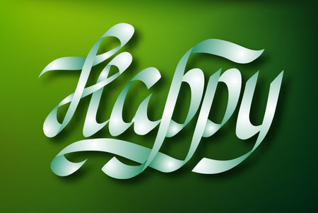 Typographical inscription design concept with elegant calligraphic Happy word on green background isolated vector illustrationのイラスト素材