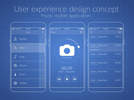 Mobile user experience design concept with different screens and web elements for music application isolated vector illustrationのイラスト素材