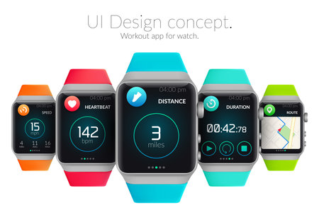 UI design concept with colorful smartwatches and web elements for workout application isolated vector illustrationのイラスト素材