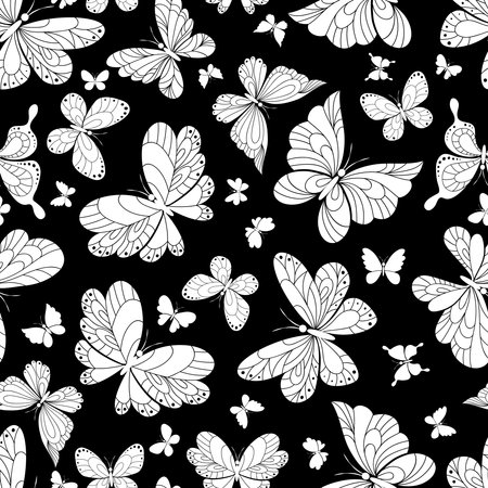 Seamless background pattern of beautiful butterflies in an ornate vintage style calligraphic design in white on a black background in square format suitable for wallpaper and fabricのイラスト素材