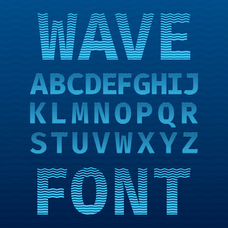 Original Wave Font Poster with alphabet on the blue as a sea background vector illustrationのイラスト素材