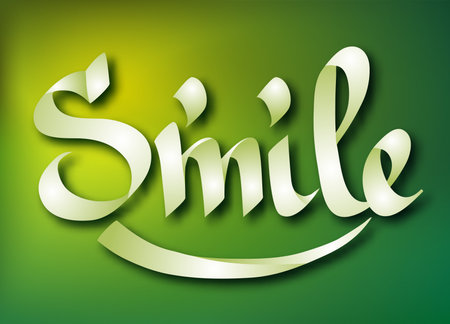Typographical word template with calligraphic handwritten light Smile inscription on green background isolated vector illustrationのイラスト素材