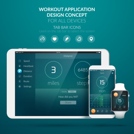 UI design concept with web elements of workout application for different devices isolated vector illustrationのイラスト素材