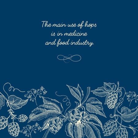 Abstract decorative floral sketch poster with text and beer herbal hop plants on blue background vector illustrationのイラスト素材