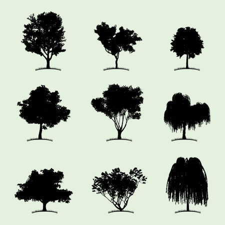 Tree Collection Flat Icon with nine different kind of plants on white background vector illustrationのイラスト素材