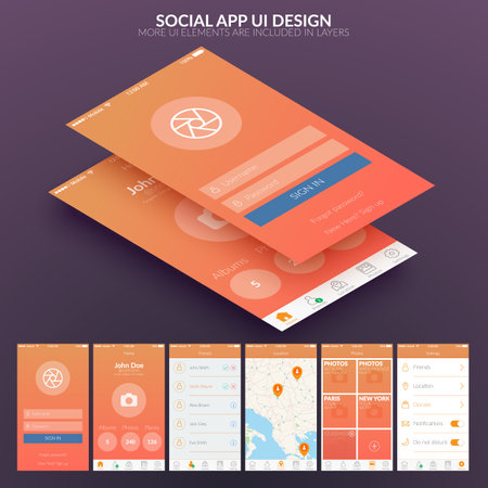 Ui design concept for social mobile application on dark background flat vector illustrationのイラスト素材