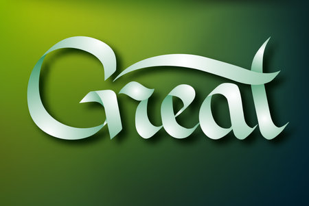 Typographical inscription concept with calligraphic handwritten elegant ribbon Great word on green background isolated vector illustrationのイラスト素材