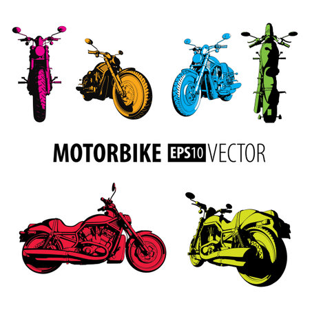 Motorbike Colorful Set Collection with six different bikes on white background vector illustrationのイラスト素材