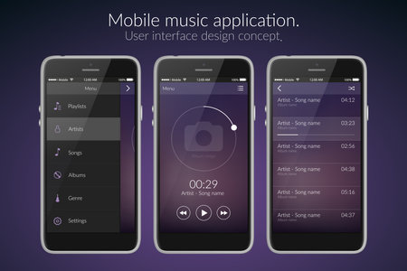 Mobile music application interface design concept isolated on dark background flat vector illustrationのイラスト素材