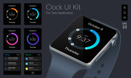Clock UI design concept with different smartwatch screens and web elements for task application isolated vector illustrationのイラスト素材