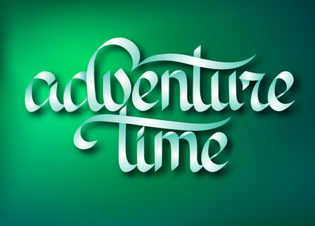 Typographical travel design concept with elegant calligraphic Adventure Time ribbon inscription on green background isolated vector illustrationのイラスト素材