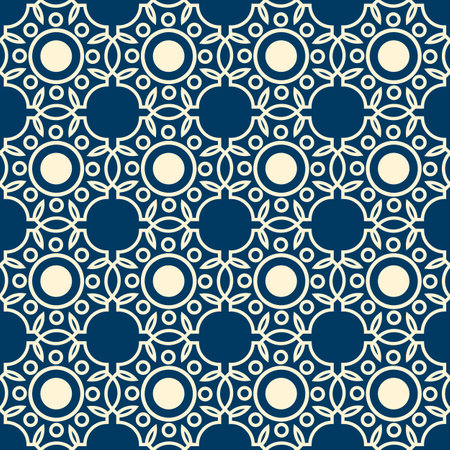 Abstract lacy seamless pattern formed by white lines on blue background with rounds and leaves flat vector illustrationのイラスト素材