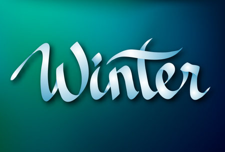 Calligraphic inscription design concept with elegant typographical ribbon Winter word on blue background isolated vector illustrationのイラスト素材