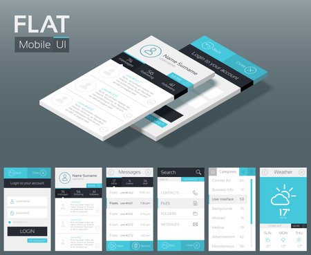 Flat UI design concept with different screens buttons and web elements for mobile navigation menu vector illustrationのイラスト素材