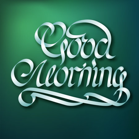 Typographical abstract design concept with elegant calligraphic Good Morning ribbon inscription on blurred background isolated vector illustrationのイラスト素材