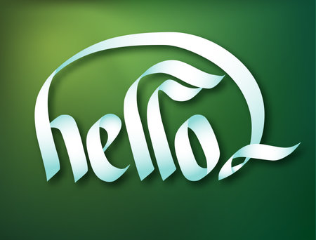 Typographical inscription design concept with elegant calligraphic Hello ribbon word on green background isolated vector illustrationのイラスト素材
