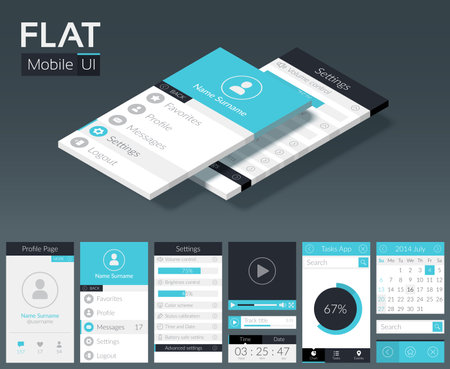 Flat UI mobile design template with different screens buttons and web elements in light colors vector illustrationのイラスト素材