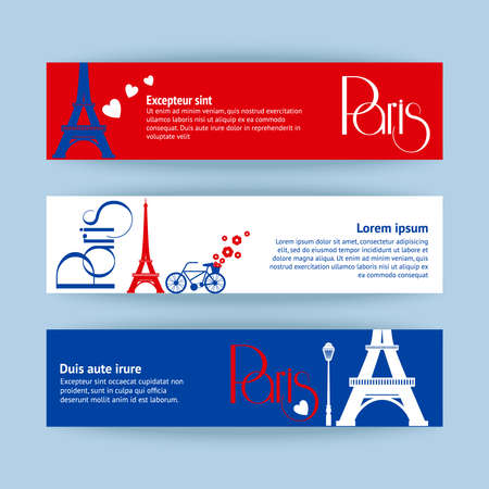 Collection of banners and ribbons with Paris landmark buildings isolated vector illustrationのイラスト素材