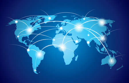 World map with global technology or social connection network with nodes and links vector illustrationのイラスト素材