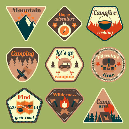 Outdoors tourism camping flat badges set of compass campfire tent and backpack isolated vector illustrationのイラスト素材