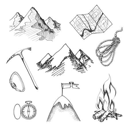 Mountain climbing camping decorative icon set with map rope compass campfire isolated vector illustrationのイラスト素材