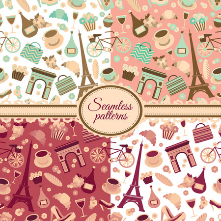 Collection of seamless patterns with Paris landmarks and France symbols vector illustrationのイラスト素材