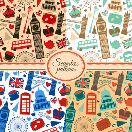 Collection of seamless patterns with London landmarks and Britain symbols vector illustrationのイラスト素材