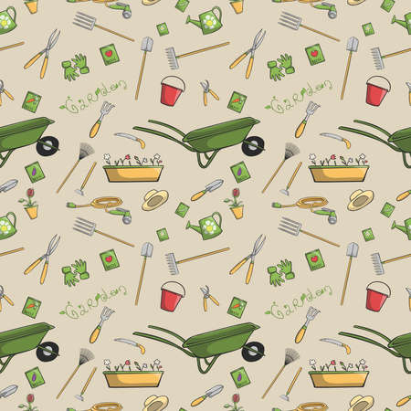 Decorative garden tools seamless wallpaper or background retro print pattern vector illustrationのイラスト素材