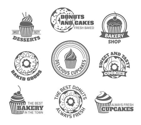 Food sweet  tasty desserts donut and cupcake labels set isolated vector illustrationのイラスト素材