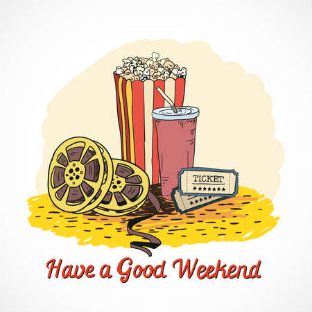 Colored cinema have a good weekend concept with popcorn drink cinema strip tickets doodle elements vector illustrationのイラスト素材