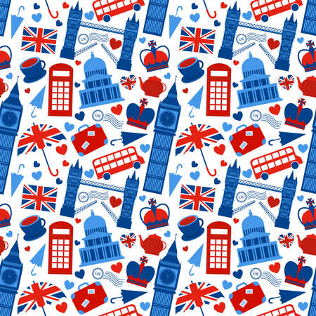 Seamless pattern background with London landmarks and Britain symbols vector illustrationのイラスト素材
