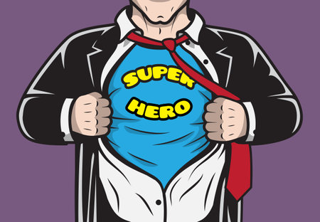Disguised hidden comic book superhero businessman tearing his shirt concept vector illustrationのイラスト素材