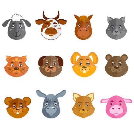 Wild and domestic animal cartoon characters collection for icons avatars or mascots isolated vector illustrationのイラスト素材